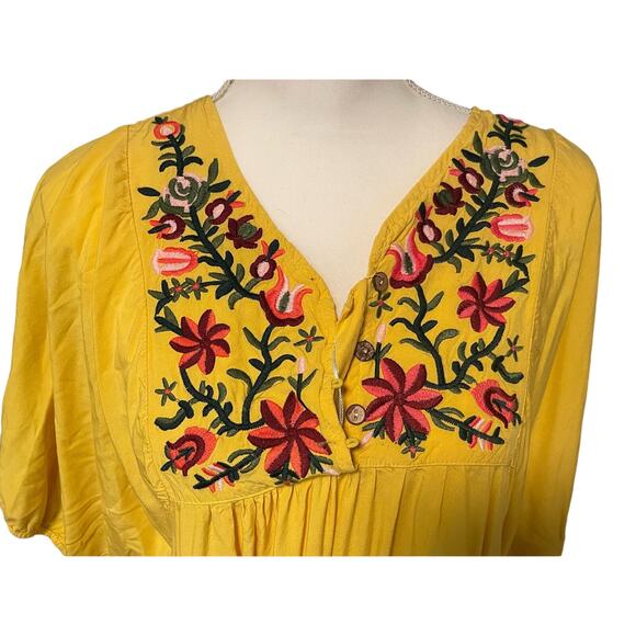 Yellow V Neck Knee Length Short Sleeve Shift Dress with Pink and Red Flowers XL - Picture 3 of 4